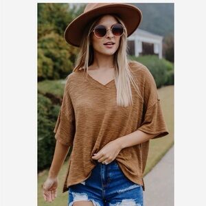 Dress Up Oversized V-Neck Slub Knit Top in Camel Brown
